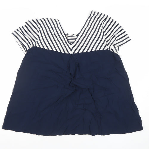 Marks and Spencer Womens Navy Striped Short Sleeve V-Neck Top Size 12