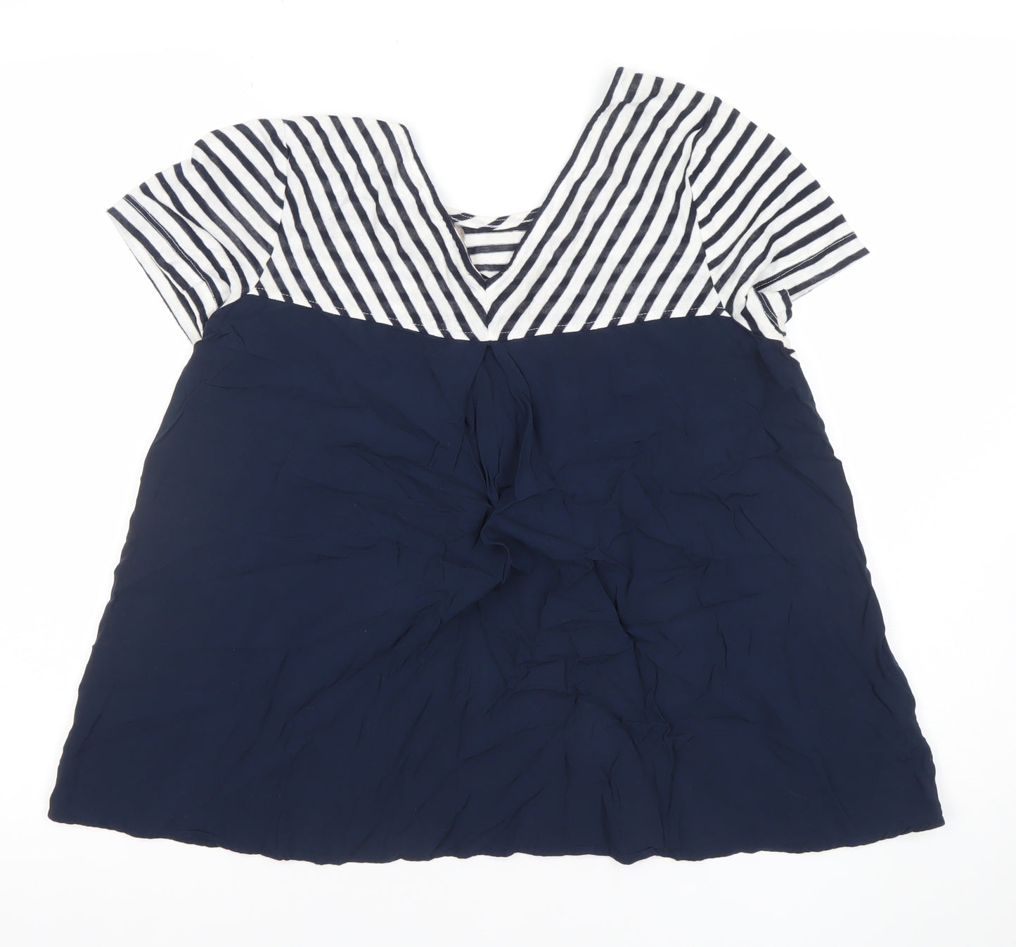 Marks and Spencer Womens Navy Striped Short Sleeve V-Neck Top Size 12