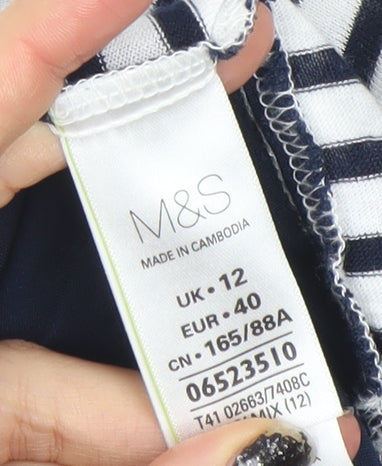 Marks and Spencer Womens Navy Striped Short Sleeve V-Neck Top Size 12