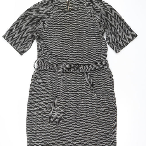 Next Women Black Chevron Belted Shift Dress Size 8 3/4 Sleeve Workwear