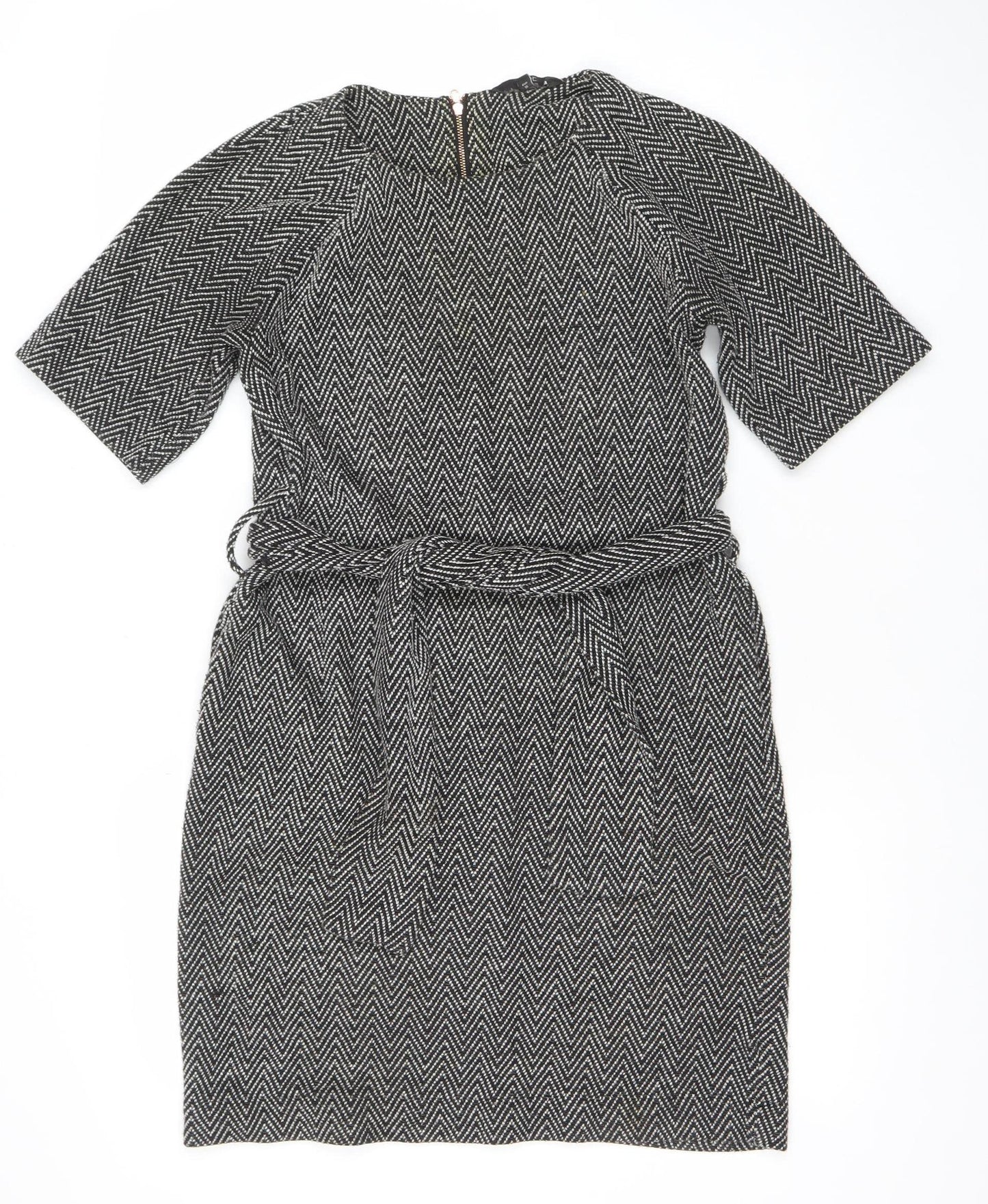 Next Women Black Chevron Belted Shift Dress Size 8 3/4 Sleeve Workwear