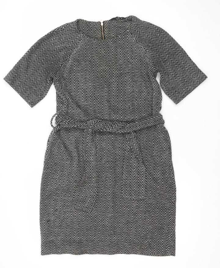 Next Women Black Chevron Belted Shift Dress Size 8 3/4 Sleeve Workwear