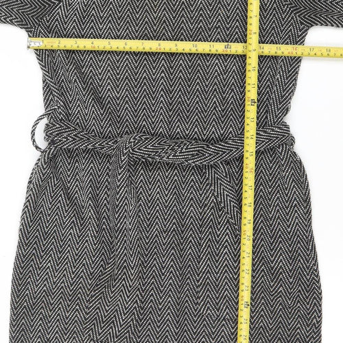Next Women Black Chevron Belted Shift Dress Size 8 3/4 Sleeve Workwear