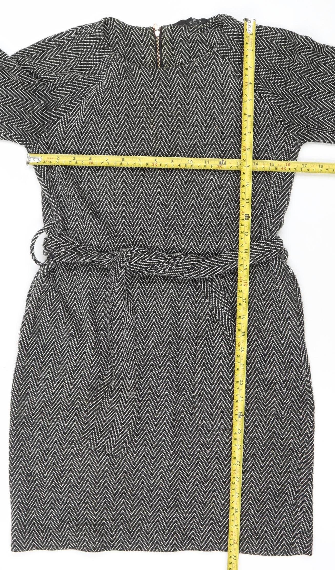Next Women Black Chevron Belted Shift Dress Size 8 3/4 Sleeve Workwear