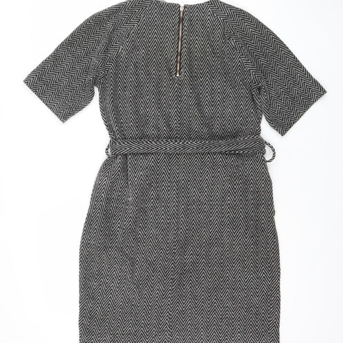 Next Women Black Chevron Belted Shift Dress Size 8 3/4 Sleeve Workwear