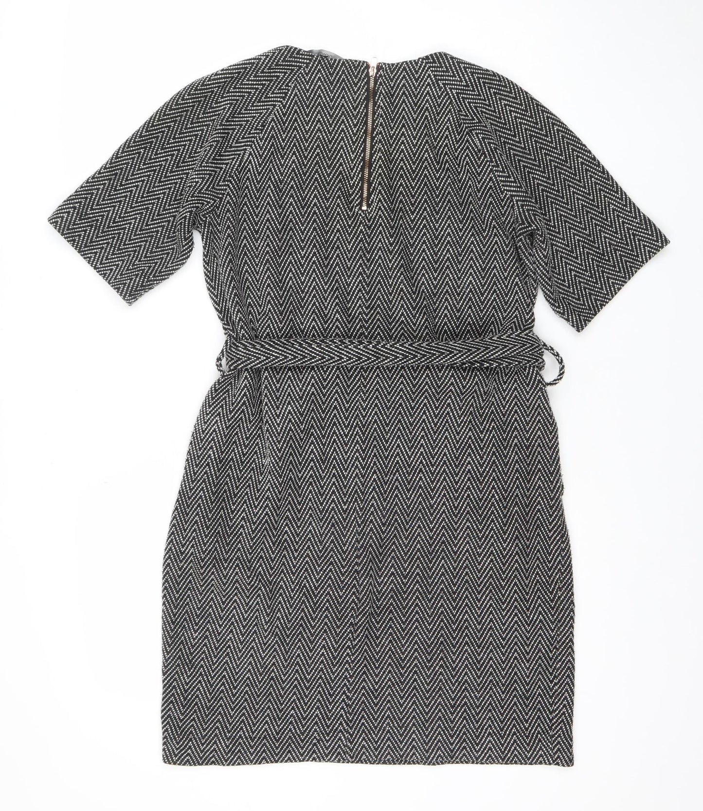 Next Women Black Chevron Belted Shift Dress Size 8 3/4 Sleeve Workwear