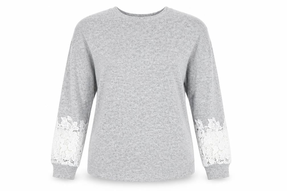 Front view of Dorothy Perkins Women’s Grey Long Sleeve Lace jumper, size UK 12