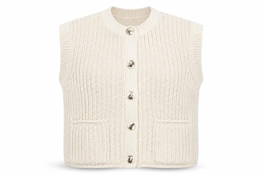 Front view of Gallery Women Ivory Chunky Knit Sleeveless Cardigan L
