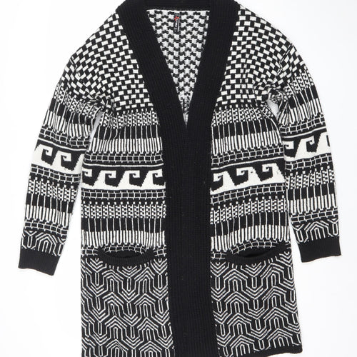 FB Sister Womens Black L Open Knit Geometric Long Cardigan