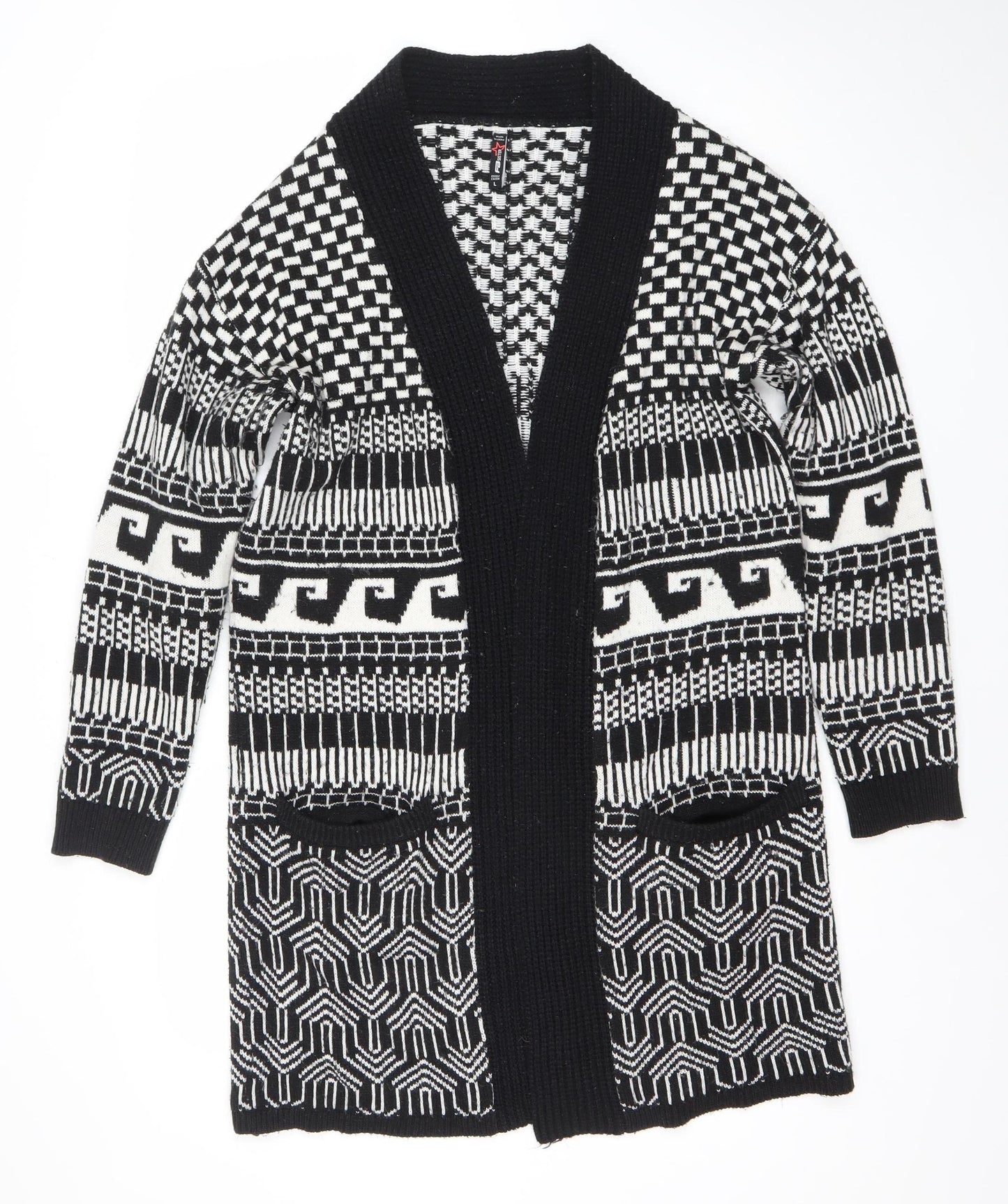 FB Sister Womens Black L Open Knit Geometric Long Cardigan