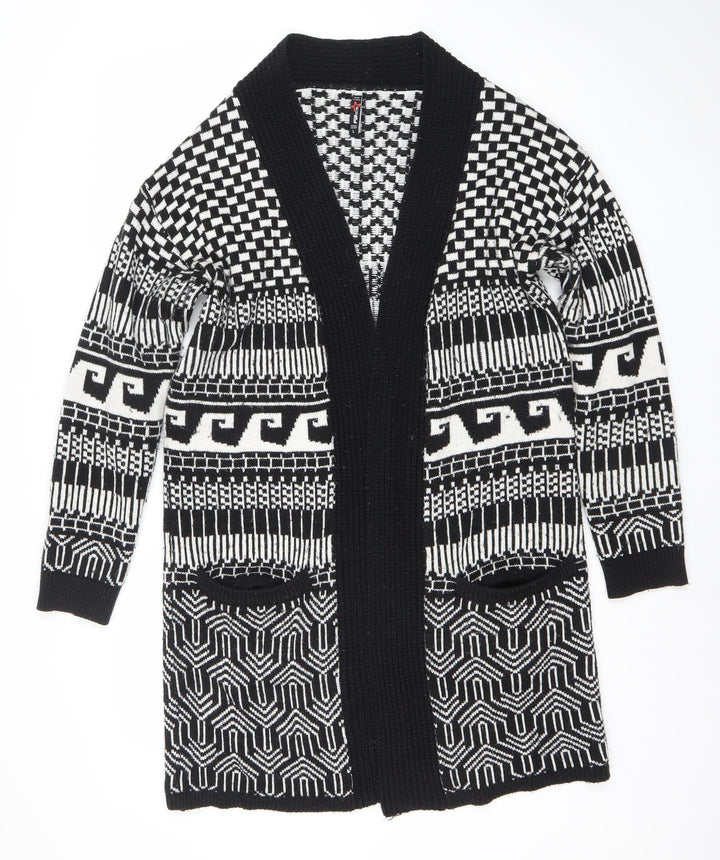 FB Sister Womens Black L Open Knit Geometric Long Cardigan