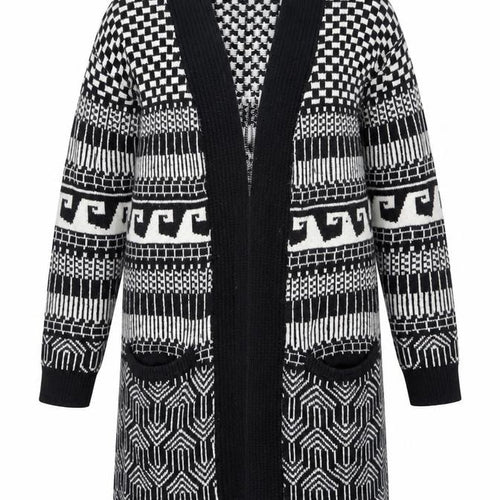 FB Sister Womens Black L Open Knit Geometric Long Cardigan