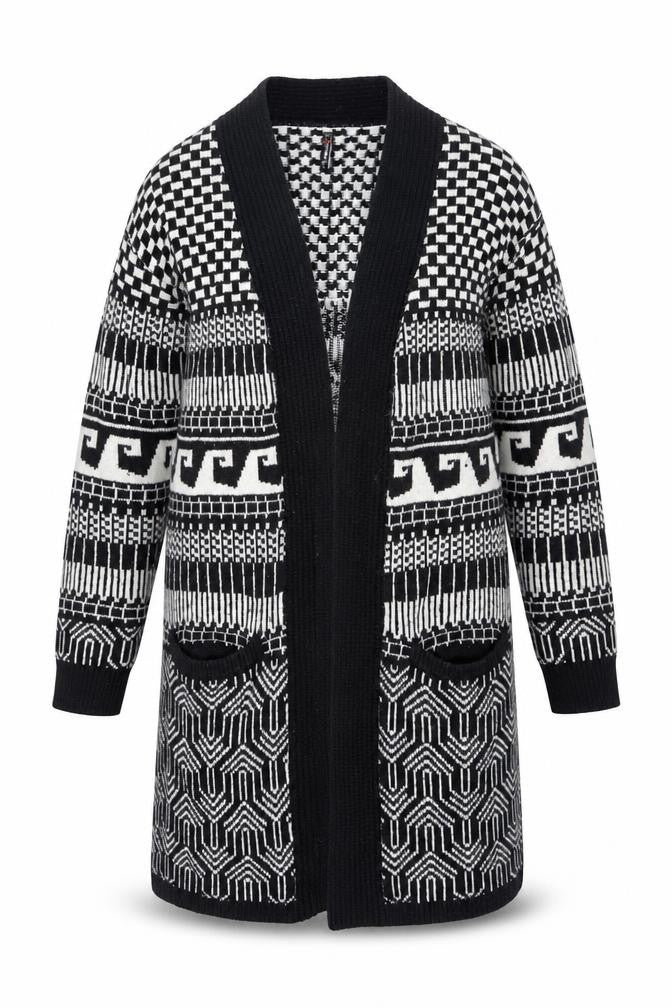 FB Sister Womens Black L Open Knit Geometric Long Cardigan
