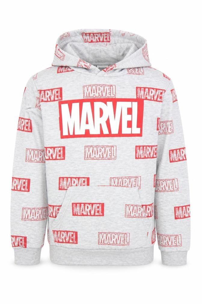 Front view of Marvel boys’ grey hoodie 9-10 years pullover graphic print hooded sweatshirt