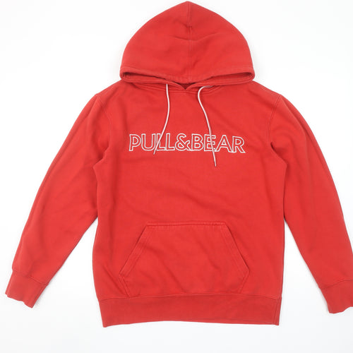 Pull & Bear Women Red Pullover Hoodie Small Cotton Blend Logo Style
