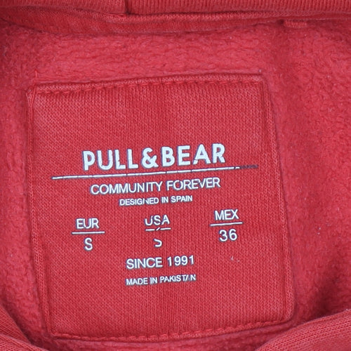 Pull & Bear Women Red Pullover Hoodie Small Cotton Blend Logo Style