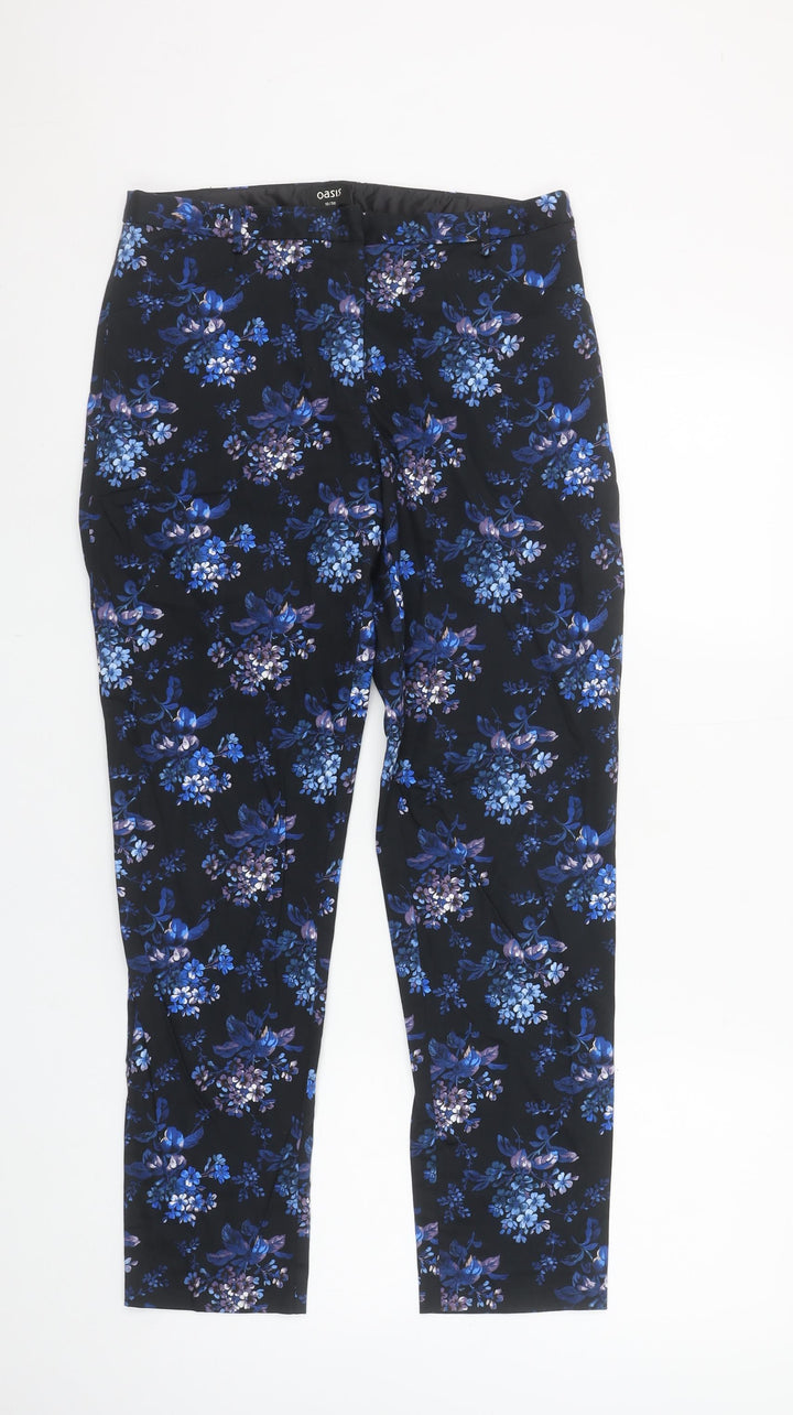 Oasis Women's Blue Floral Cotton Blend Slim Trousers Size 10