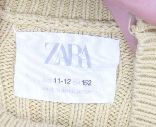 Zara Girls Beige Ribbed Mock Neck Wool Blend Jumper Size 11-12 Years