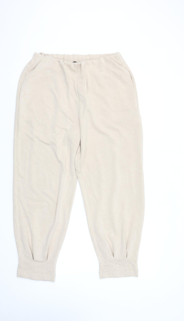 Zara Women Beige Jersey Jogger Trousers Size 14 Elastic Waist