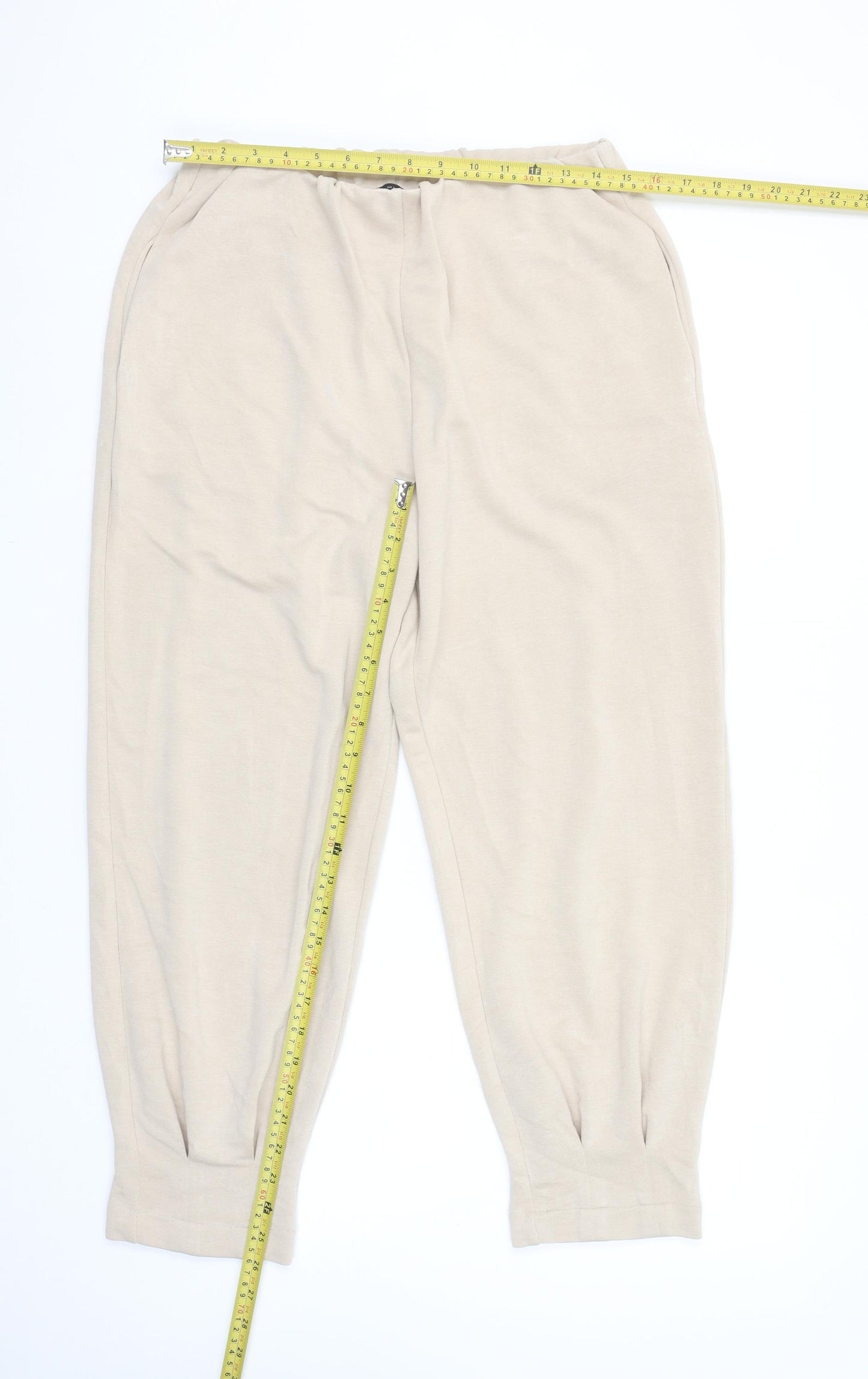 Zara Women Beige Jersey Jogger Trousers Size 14 Elastic Waist