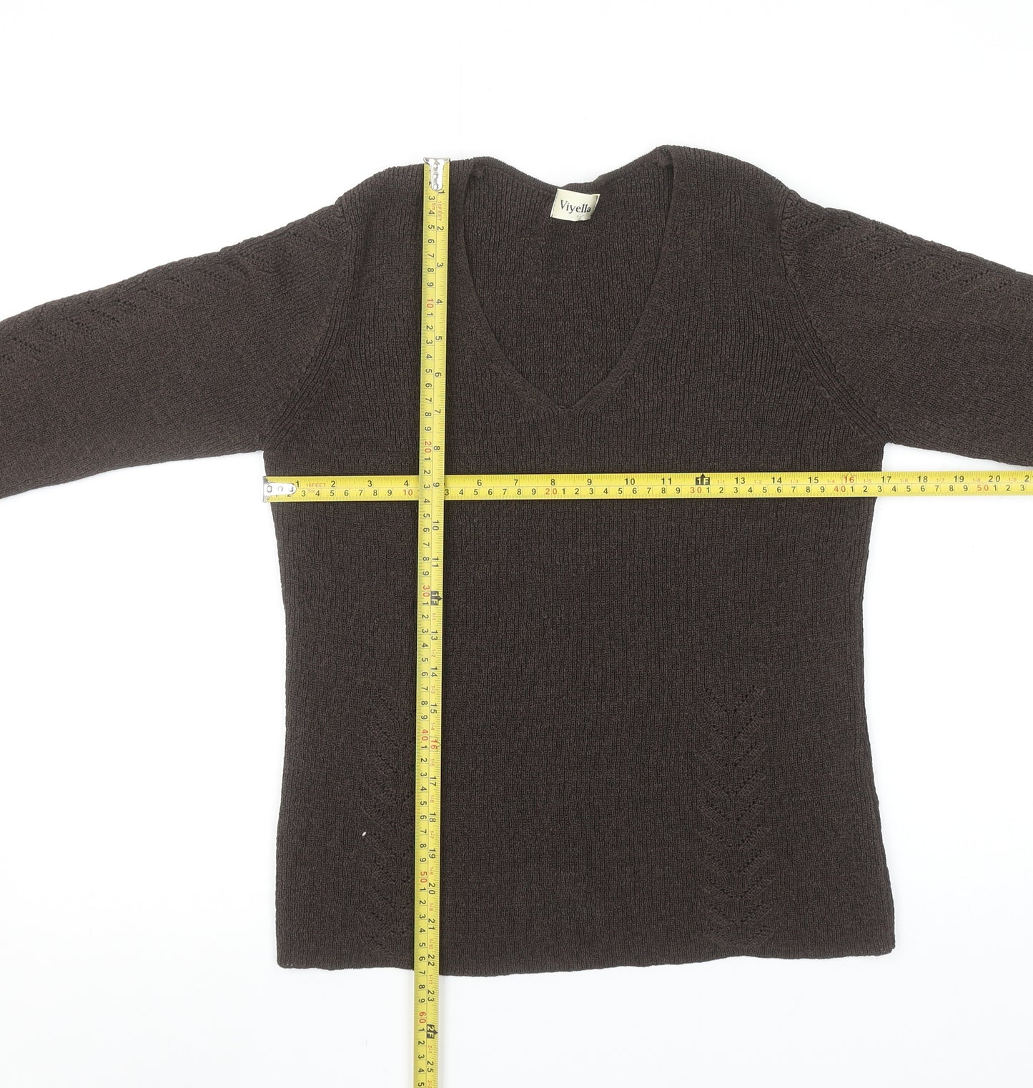 Viyella Women Brown V-Neck Long Sleeve Knit Pullover Jumper M