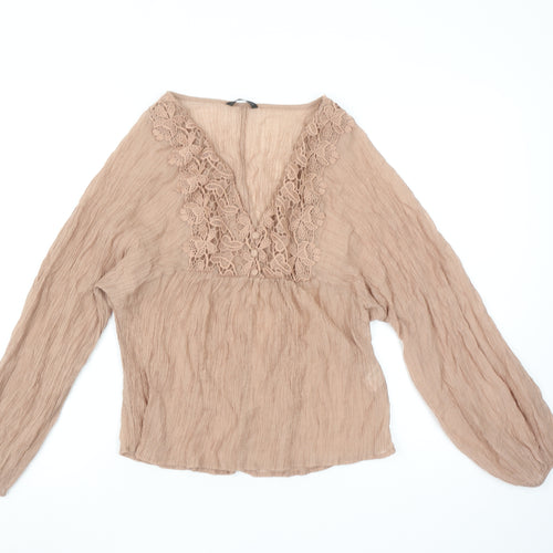 Zara Womens Beige Bohemian V-Neck Crochet Long Sleeve Blouse M