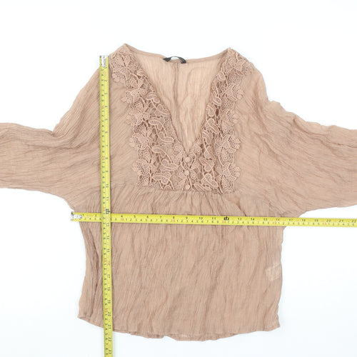 Zara Womens Beige Bohemian V-Neck Crochet Long Sleeve Blouse M