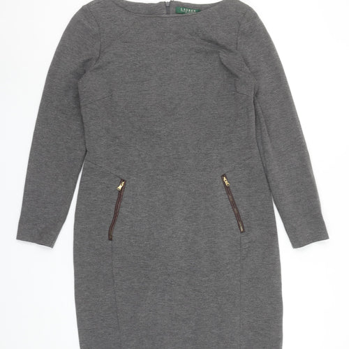 Ralph Lauren Women’s Grey Sheath Work Dress Size 10 Long Sleeve Zip Detail