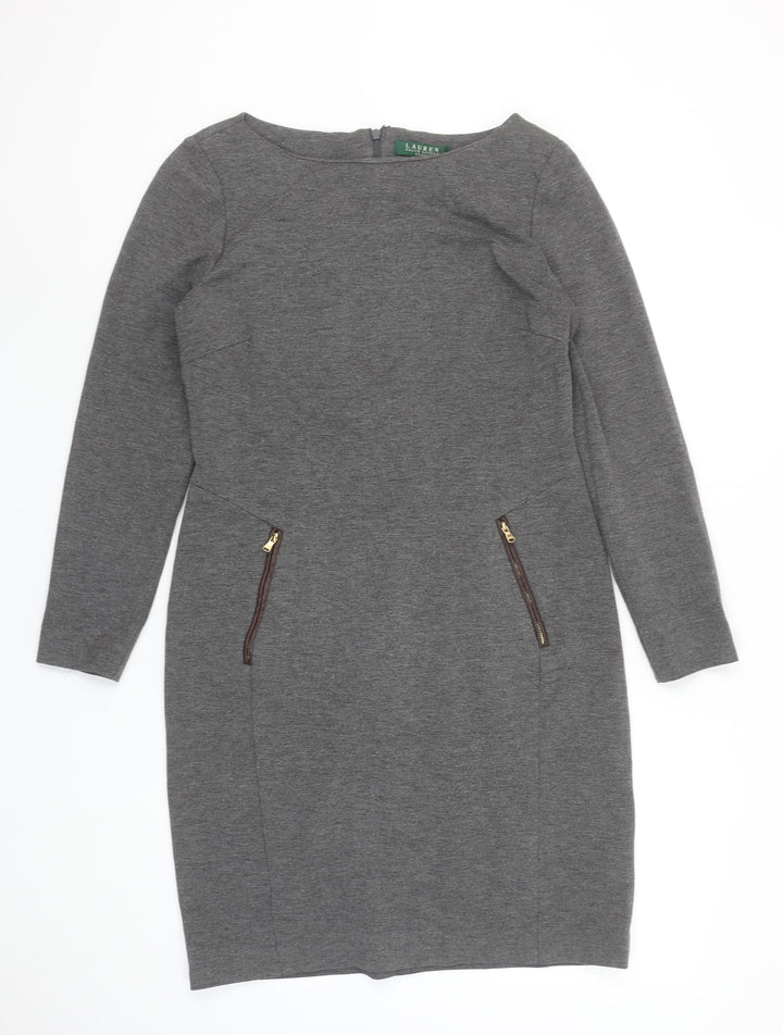 Ralph Lauren Women’s Grey Sheath Work Dress Size 10 Long Sleeve Zip Detail