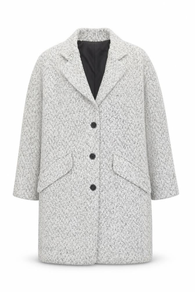 Front view of Shy Spring women’s grey herringbone wool blend long overcoat, size UK 8