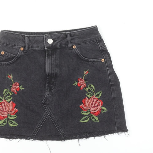 Topshop Women Black Embroidered Floral Mini Denim Skirt Size 8 Petite