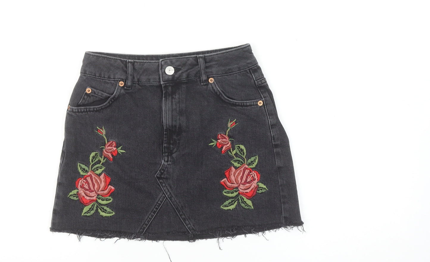 Topshop Women Black Embroidered Floral Mini Denim Skirt Size 8 Petite