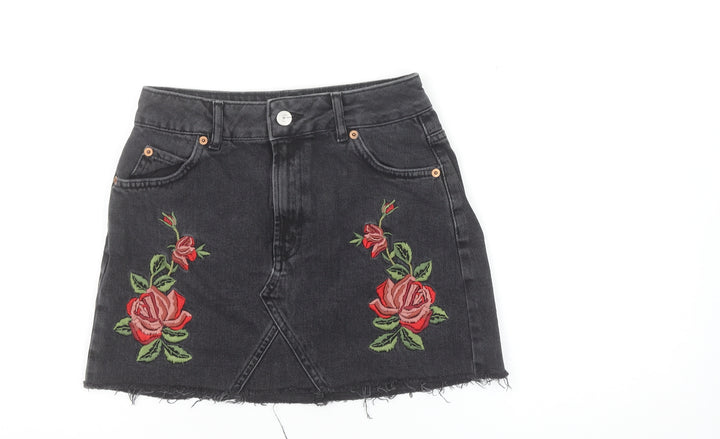 Topshop Women Black Embroidered Floral Mini Denim Skirt Size 8 Petite