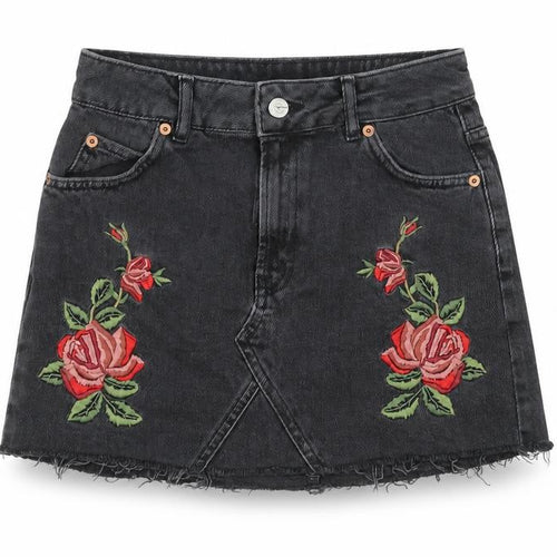 Topshop Women Black Embroidered Floral Mini Denim Skirt Size 8 Petite