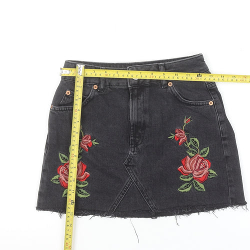 Topshop Women Black Embroidered Floral Mini Denim Skirt Size 8 Petite
