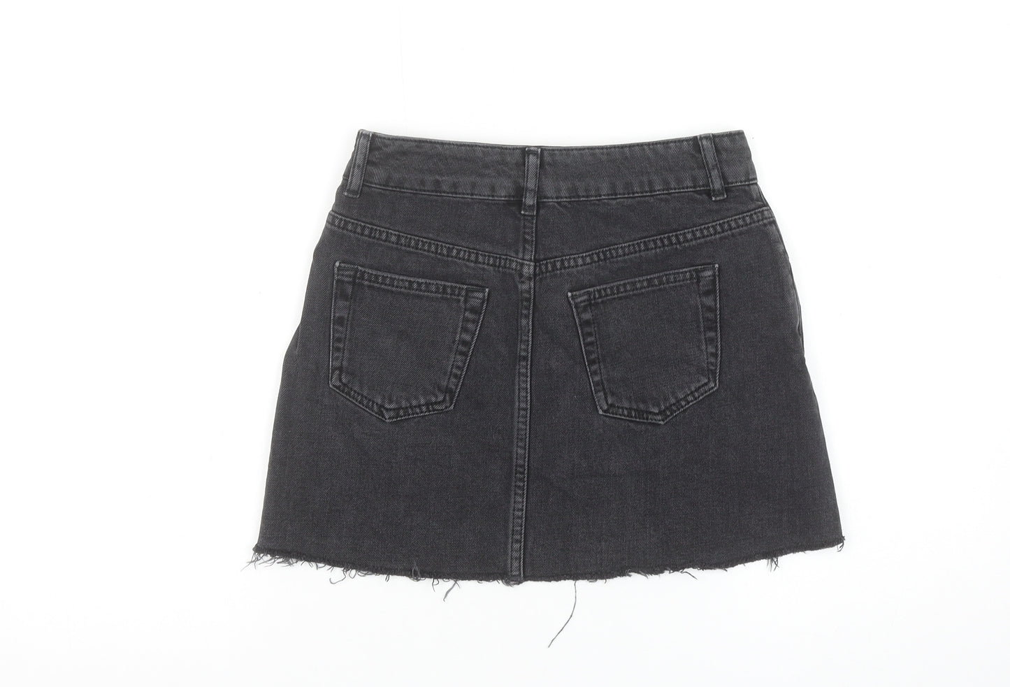 Topshop Women Black Embroidered Floral Mini Denim Skirt Size 8 Petite