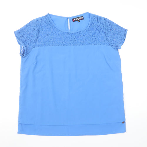 Rant & Rave Women's Blue Lace Trim Short Sleeve Tunic Blouse Size 14