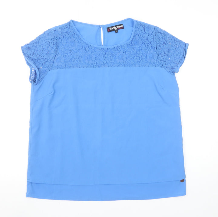Rant & Rave Women's Blue Lace Trim Short Sleeve Tunic Blouse Size 14
