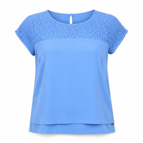 Rant & Rave Women's Blue Lace Trim Short Sleeve Tunic Blouse Size 14