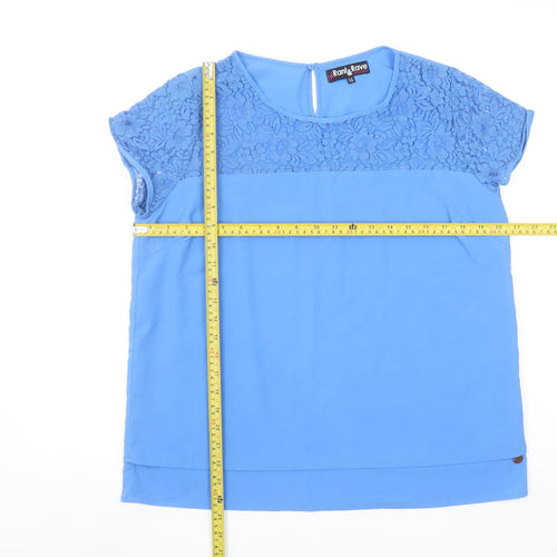 Rant & Rave Women's Blue Lace Trim Short Sleeve Tunic Blouse Size 14