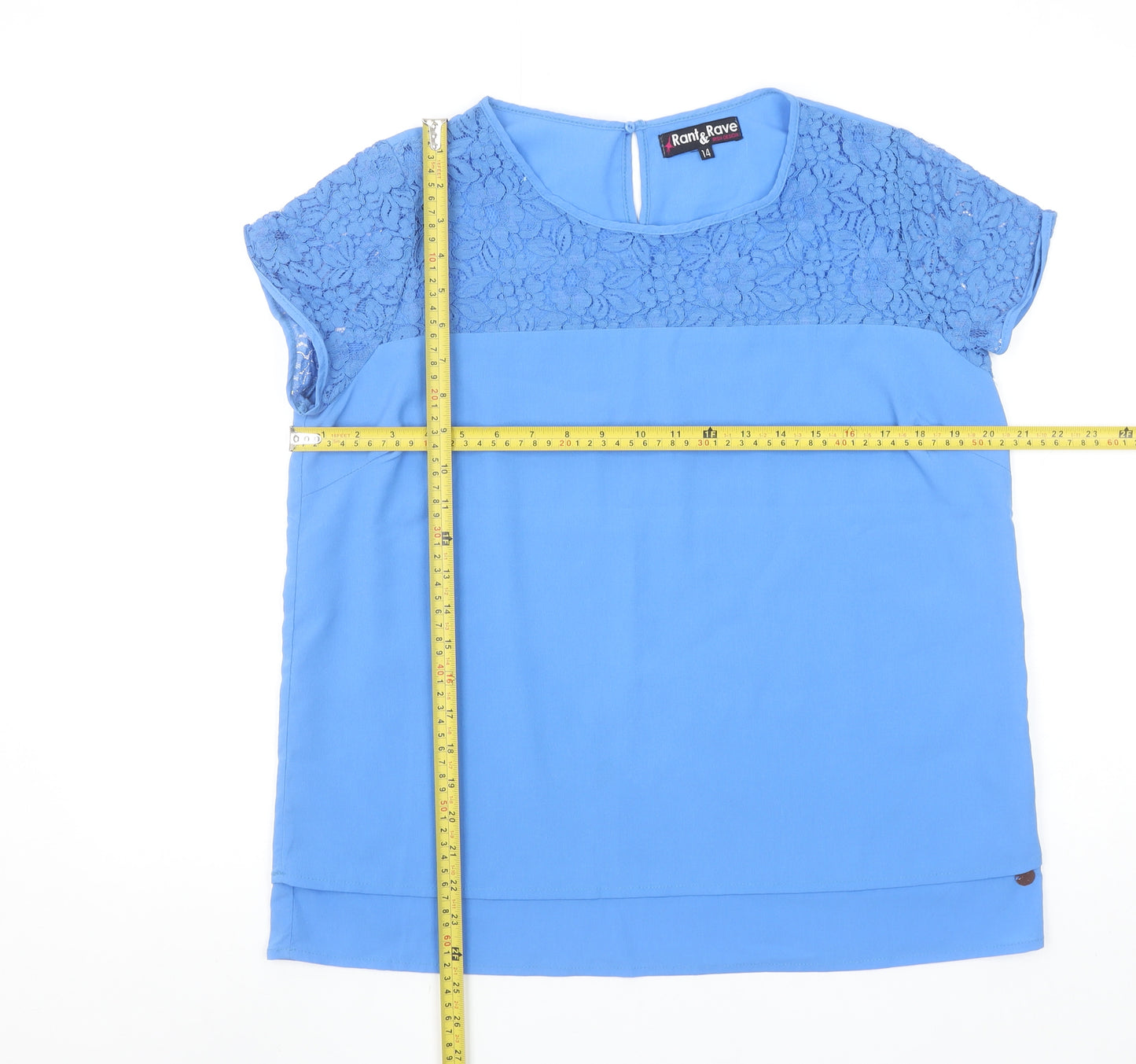 Rant & Rave Women's Blue Lace Trim Short Sleeve Tunic Blouse Size 14