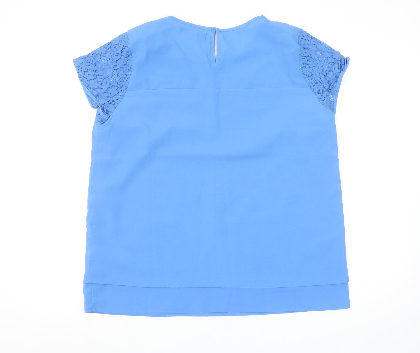 Rant & Rave Women's Blue Lace Trim Short Sleeve Tunic Blouse Size 14