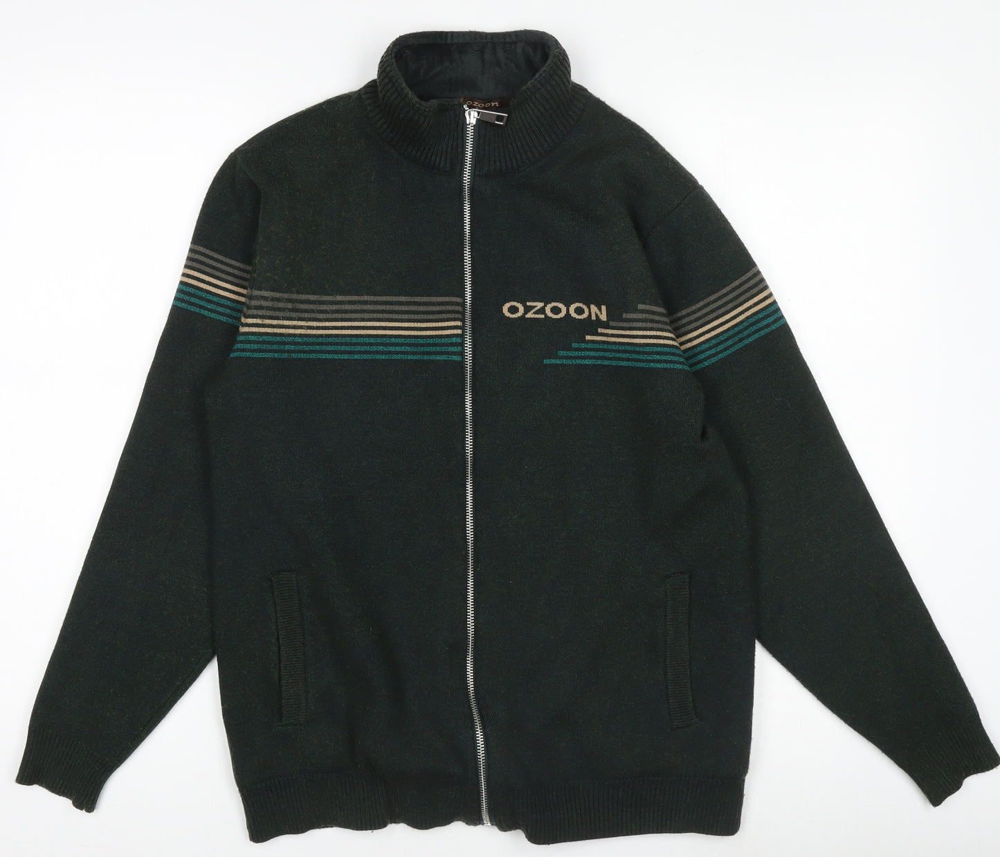 OZOON Men's Green Full Zip High Neck Knit Jumper M Lined Winter Warm