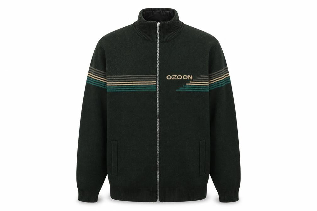 OZOON Men's Green Full Zip High Neck Knit Jumper M Lined Winter Warm
