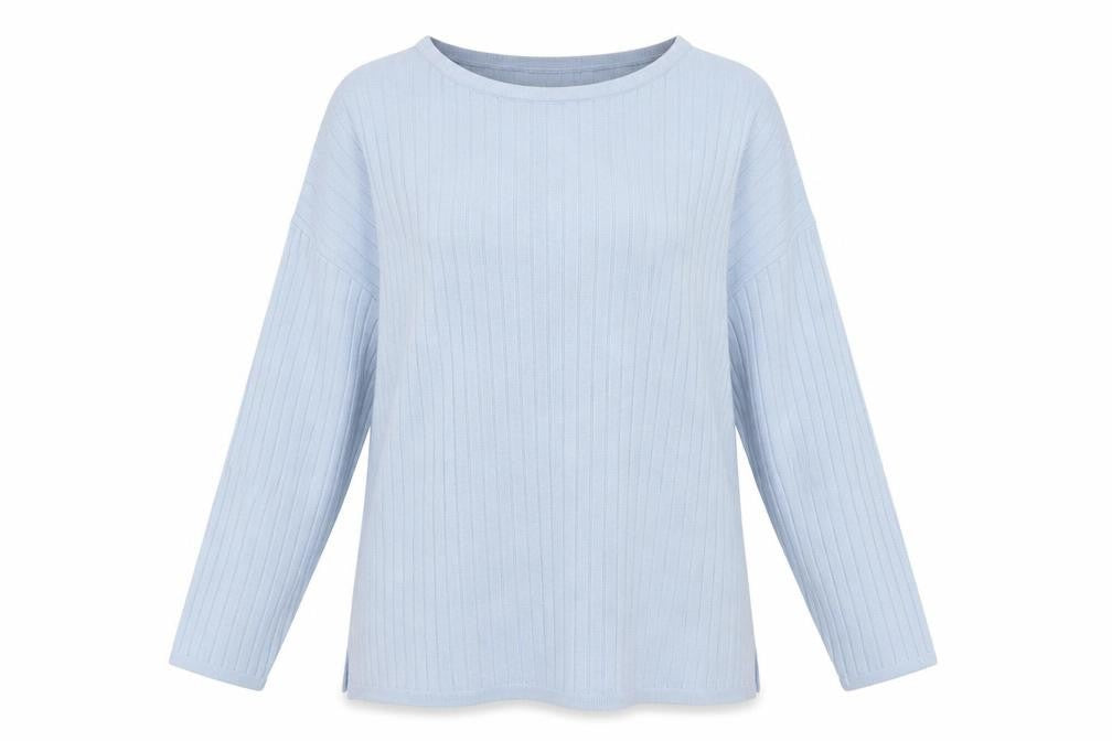 Front view of Unlimited Women's Blue Ribbed Knit jumper, size M