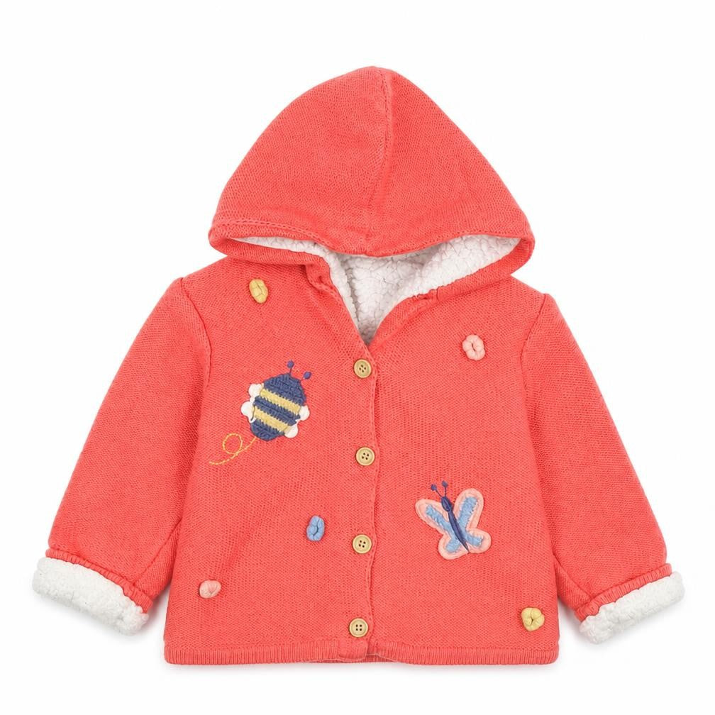 Nutmeg Girls Coral Hooded Cardigan 12-18 Months Acrylic Embroidered Bees & Butterflies