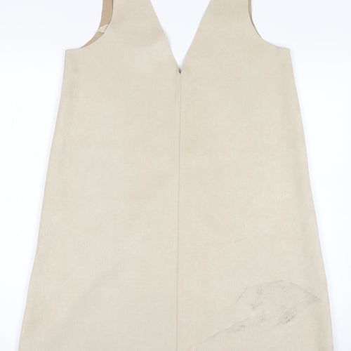 Zara Women Beige Pinafore Dress M Sleeveless V-Neck Suede Look