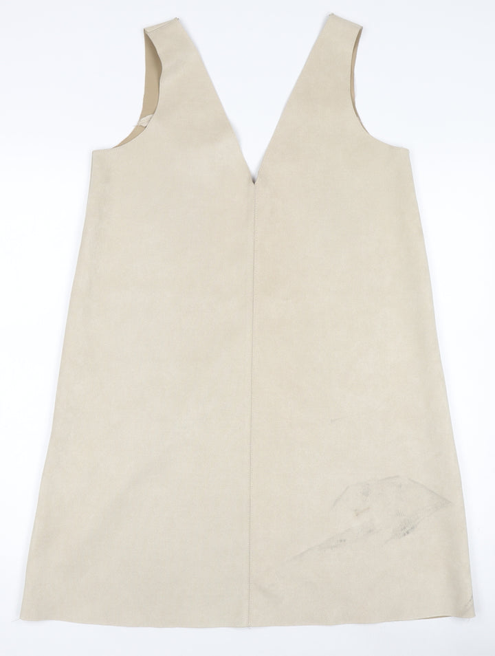 Zara Women Beige Pinafore Dress M Sleeveless V-Neck Suede Look