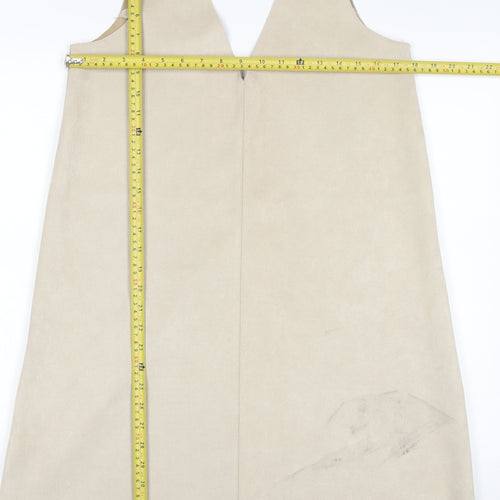 Zara Women Beige Pinafore Dress M Sleeveless V-Neck Suede Look