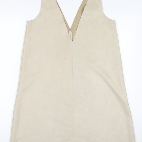 Zara Women Beige Pinafore Dress M Sleeveless V-Neck Suede Look
